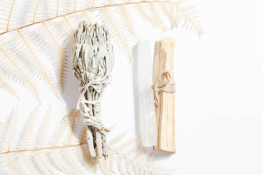 selenite, sage, and palo santo